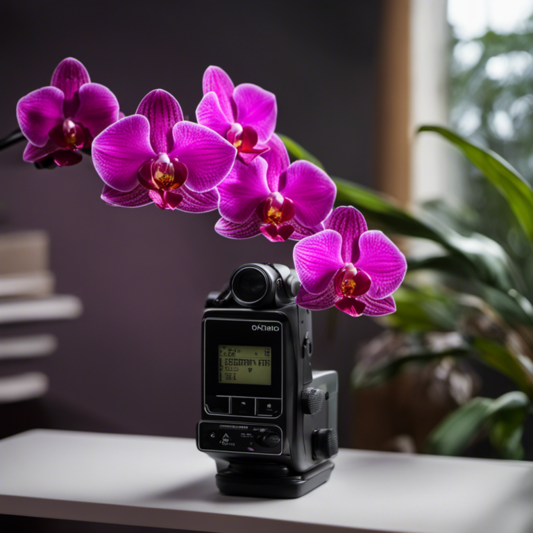 An image showcasing a vibrant orchid bathed in soft, diffused light, with a pocket-sized par light meter prominently displayed nearby