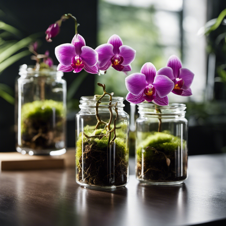 An image showcasing a variety of bare-rooted orchids suspended in glass jars filled with water, nestled among a bed of lush green moss