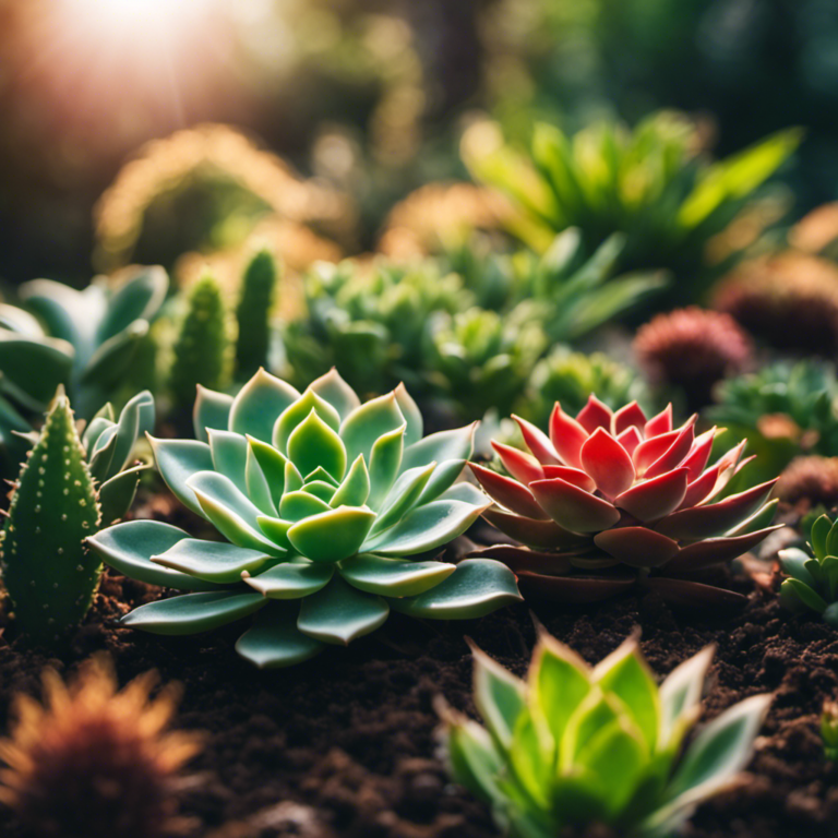 An image that showcases a vibrant succulent garden with lush, plump leaves, thriving in perfectly balanced soil