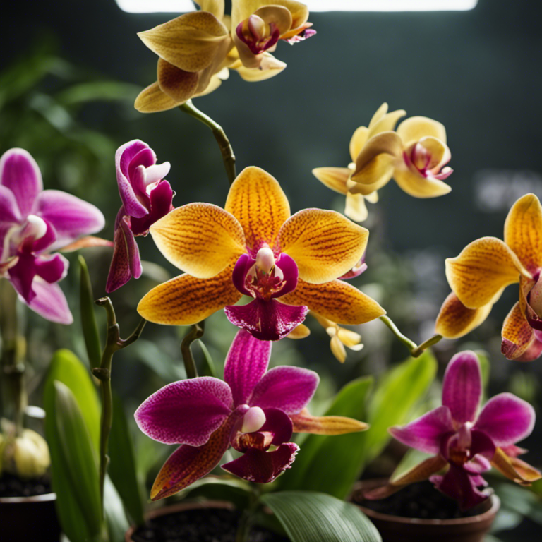 An image showcasing a variety of vibrant and healthy orchids, each potted in different fertilizers