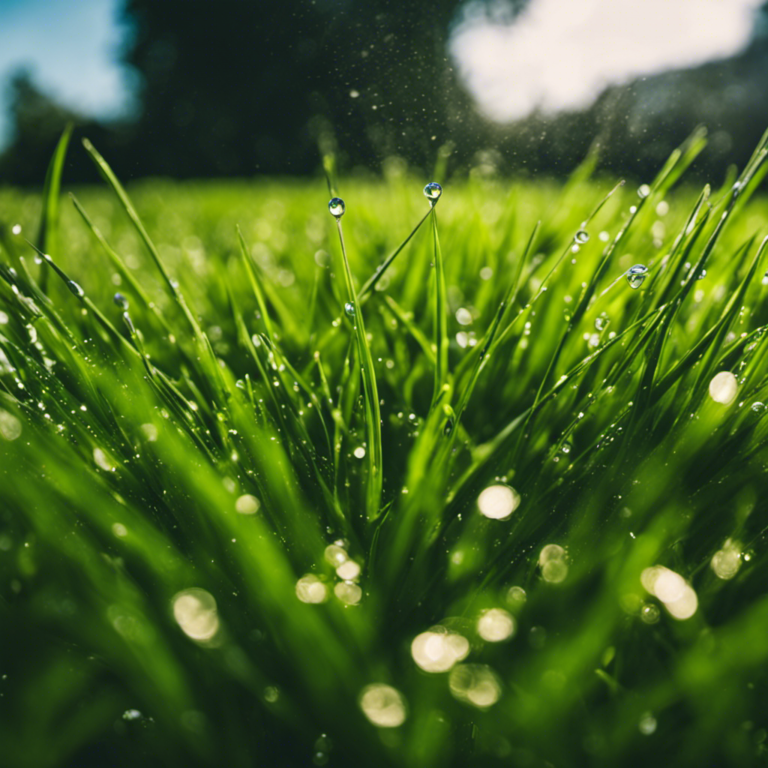 An image showcasing a lush, vibrant lawn with evenly distributed moisture, captured from a low angle