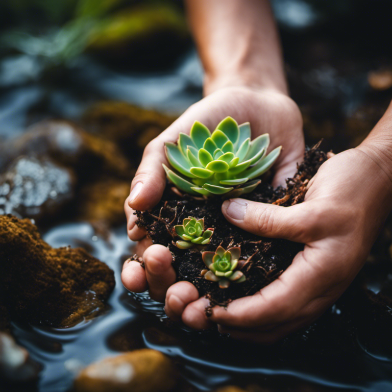 An image showcasing a pair of gloved hands gently holding a vibrant succulent root under a stream of clear water, removing the soil particles