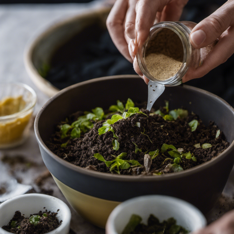 -up shot of a pair of gloved hands gently scooping a mixture of organic compost, crushed eggshells, and powdered seaweed into a small jar, ready to be transformed into keiki paste for nourishing plants