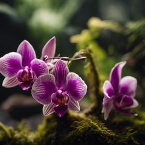 An image showcasing a lush orchid, its delicate roots intertwined with vibrant live moss, providing a natural contrast of textures and colors