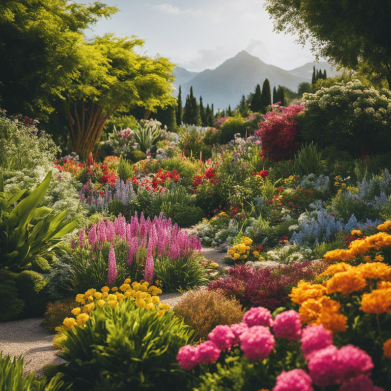 An image showcasing a lush, vibrant garden with an array of colorful flowers and plants, surrounded by a tapestry of foliage that seamlessly transitions from snow-capped mountains to sandy shores, symbolizing the diverse hardiness zones explored in gardening