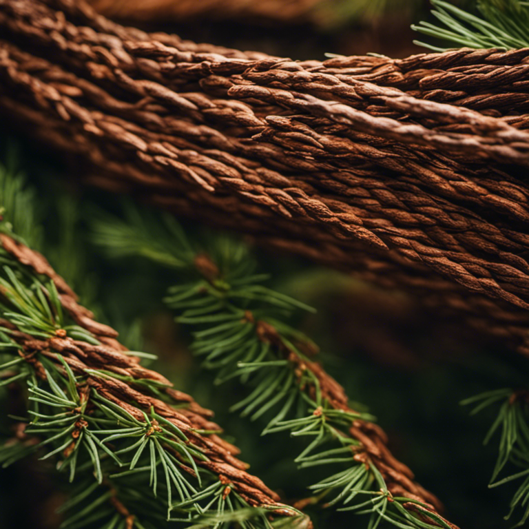 An image showcasing the contrasting textures and colors of fir and pine bark substrates, with their fine fibrous strands intertwining, creating a rich and diverse environment for potted plants
