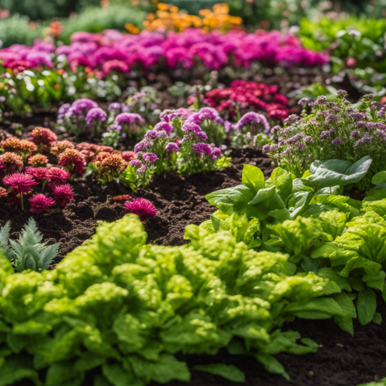 An image showcasing a vibrant garden bed split in two halves: one flourishing with lush green plants, nourished by fungal compost, while the other displays vibrant blooms, thriving on bacterial compost
