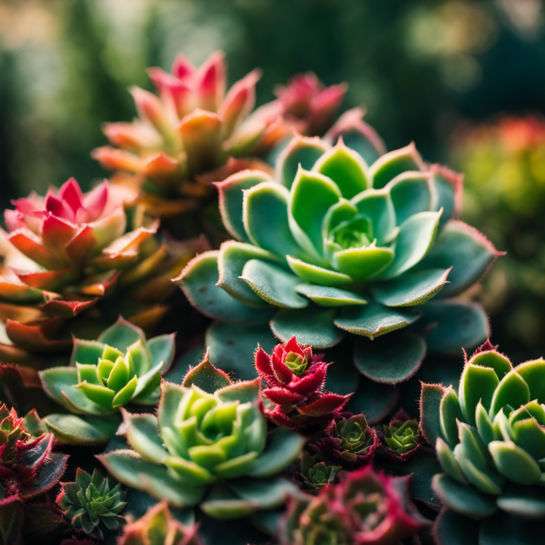 An image showcasing a vibrant assortment of fuzzy succulents, their velvety leaves glistening under soft sunlight
