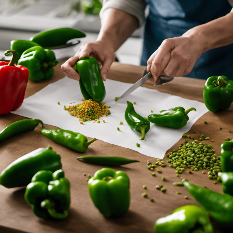 An image showcasing the process of seed saving for peppers: a pair of gloved hands carefully slicing open a vibrant, green pepper, gently extracting the seeds, and placing them on a paper towel to dry