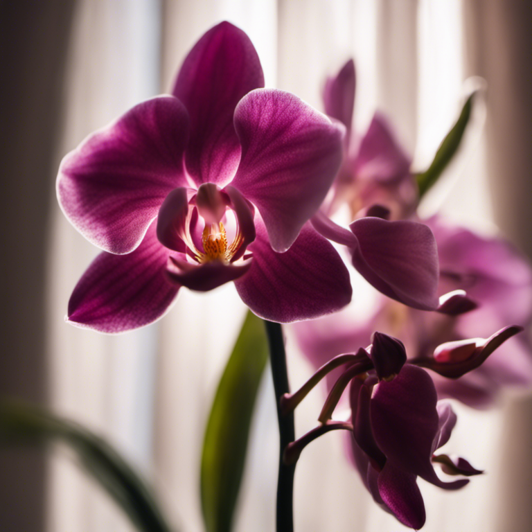 An image showcasing a vibrant orchid in full bloom, bathed in soft, diffused natural light streaming through a sheer curtain