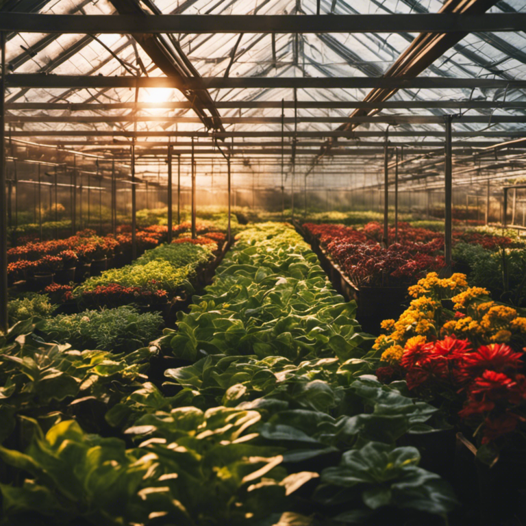 An image showcasing a greenhouse filled with vibrant, thriving plants basking in the warm glow of radiant heat lamps, perfectly illustrating the art of increasing soil temperature for optimal plant growth