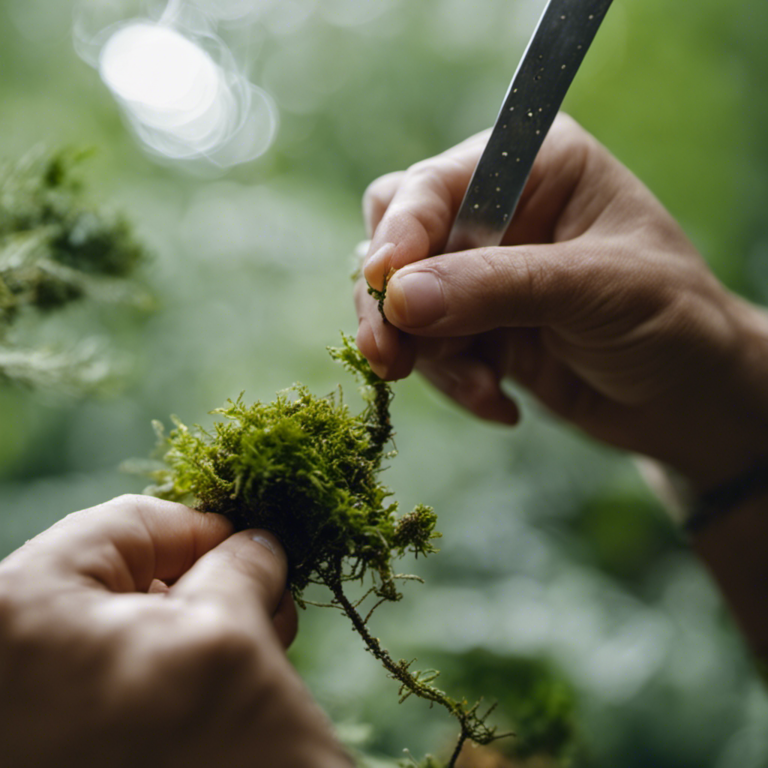 An image showcasing the step-by-step process of air layering: a gardener carefully slitting a branch, wrapping it with moist sphagnum moss, encasing it in plastic, and securing it with twine