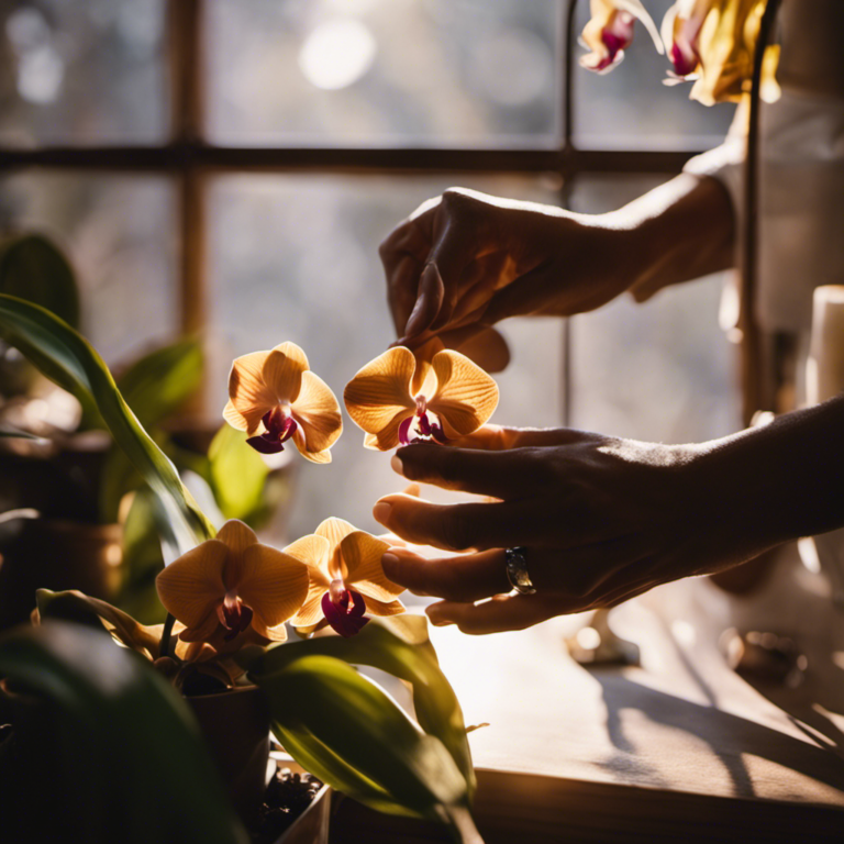 An image showcasing a pair of hands gently trimming dead leaves from a vibrant, blooming orchid plant