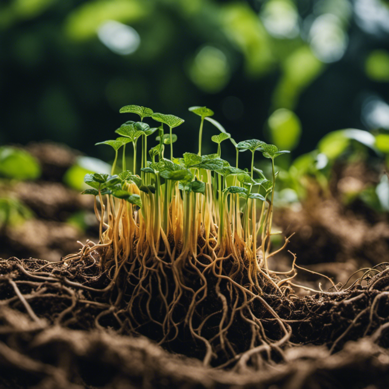 An image featuring a diverse range of vibrant plant roots intertwining with a network of thriving microorganisms, showcasing the symbiotic relationship between plants and beneficial soil microbes in sustainable cultivation