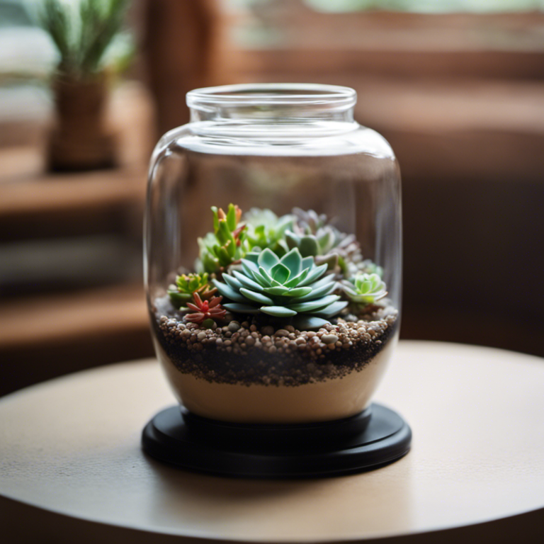 An image showcasing a vibrant succulent terrarium nestled in a glass container