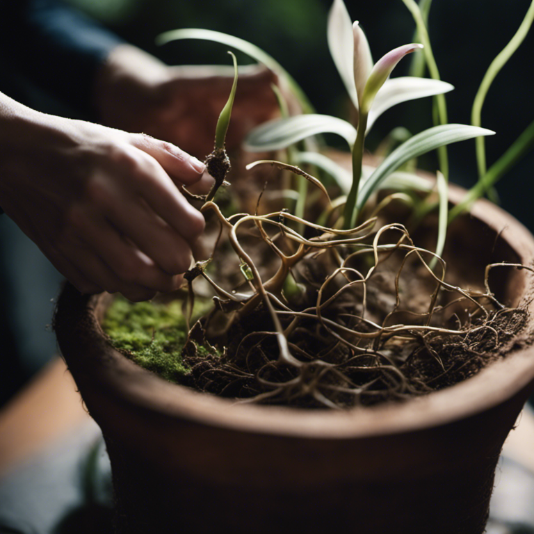 An image showcasing a delicate orchid root system tightly entangled with its pot, illustrating the intricate web of roots