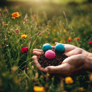 An image featuring a pair of hands gently tossing colorful seed bombs into a lush meadow