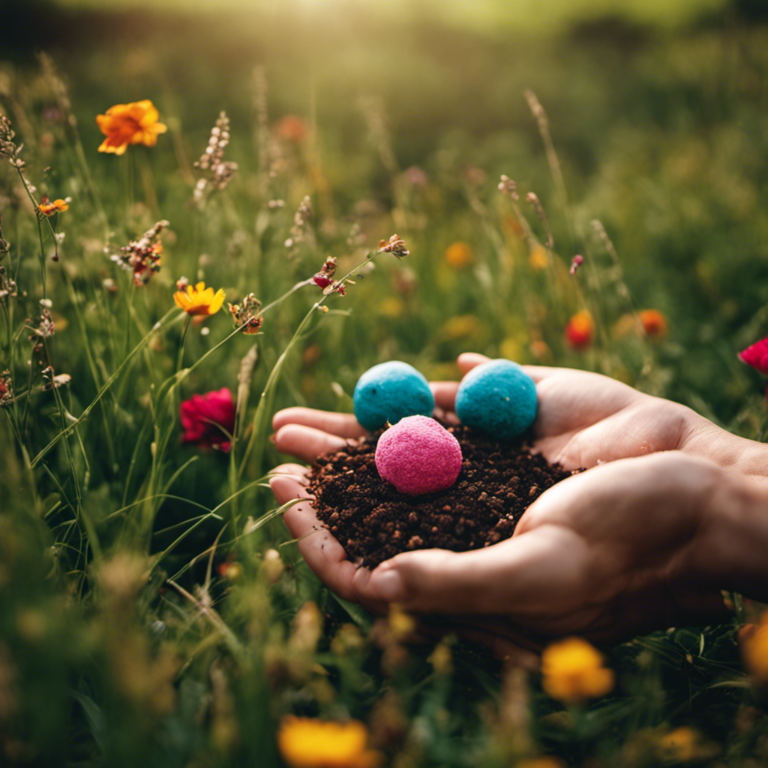An image featuring a pair of hands gently tossing colorful seed bombs into a lush meadow