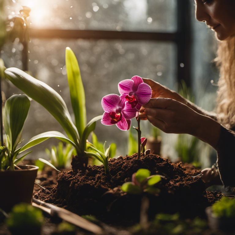 An image of a pair of delicate hands carefully planting a rootless orchid in nutrient-rich soil, surrounded by an array of gardening tools, water droplets glistening on the petals and sunlight filtering through a nearby window