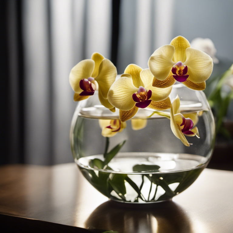 An image capturing the serene ambiance of a well-lit room, featuring a pair of delicate orchids submerged in a clear glass bowl filled with lukewarm water