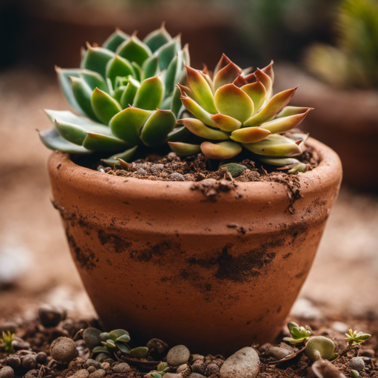 An image featuring a vibrant succulent plant wilting in a cracked terracotta pot, surrounded by dry soil