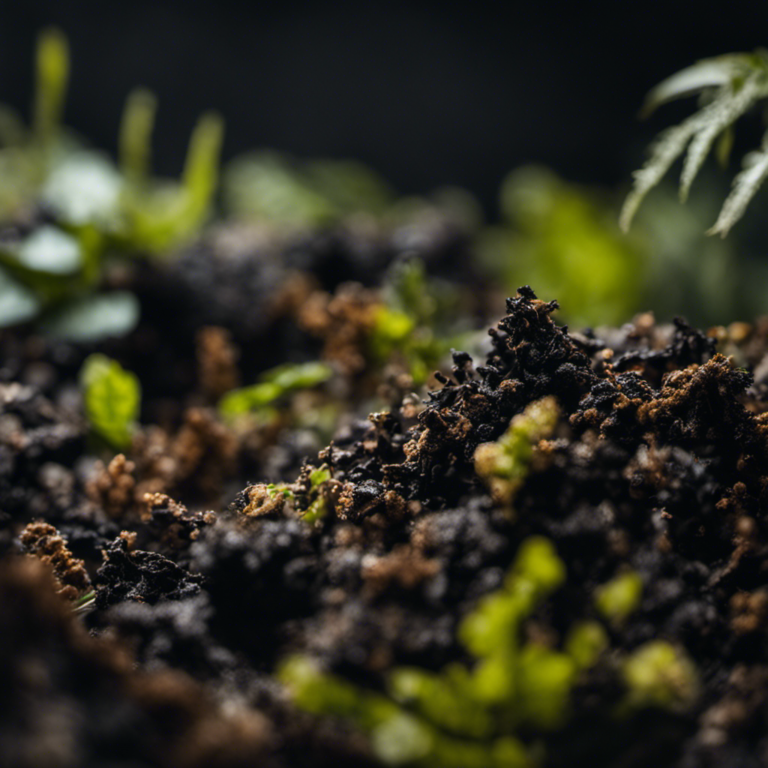 An image capturing the ominous presence of moldy compost: a close-up shot revealing decayed organic matter covered in fuzzy black mold, emitting a pungent odor, surrounded by wilting plants