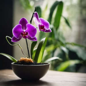An image portraying a vibrant orchid flourishing next to a bowl filled with rice water