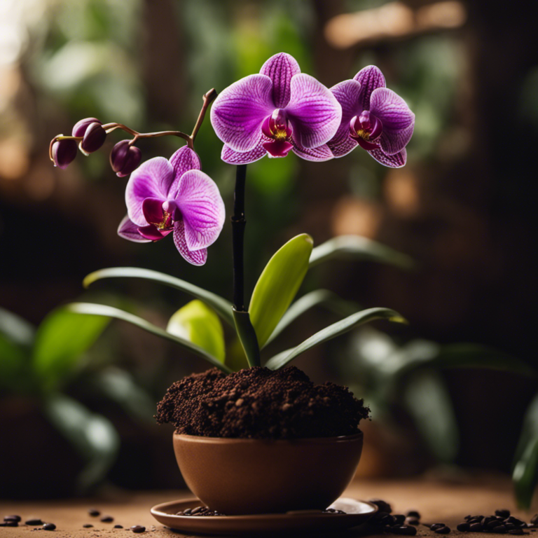 An image showcasing a vibrant, flourishing orchid plant amidst a backdrop of coffee grounds, with the fine particles gently cradling the delicate roots, conveying the hidden truth about coffee as a powerful natural fertilizer
