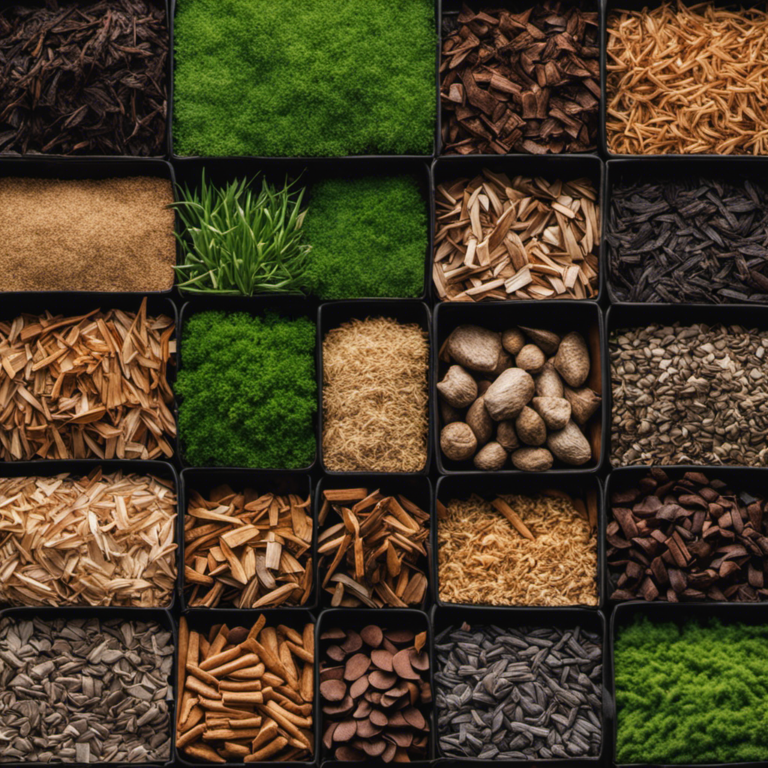 An image showcasing various types of mulch, such as wood chips, straw, and gravel, artfully arranged in a side-by-side comparison