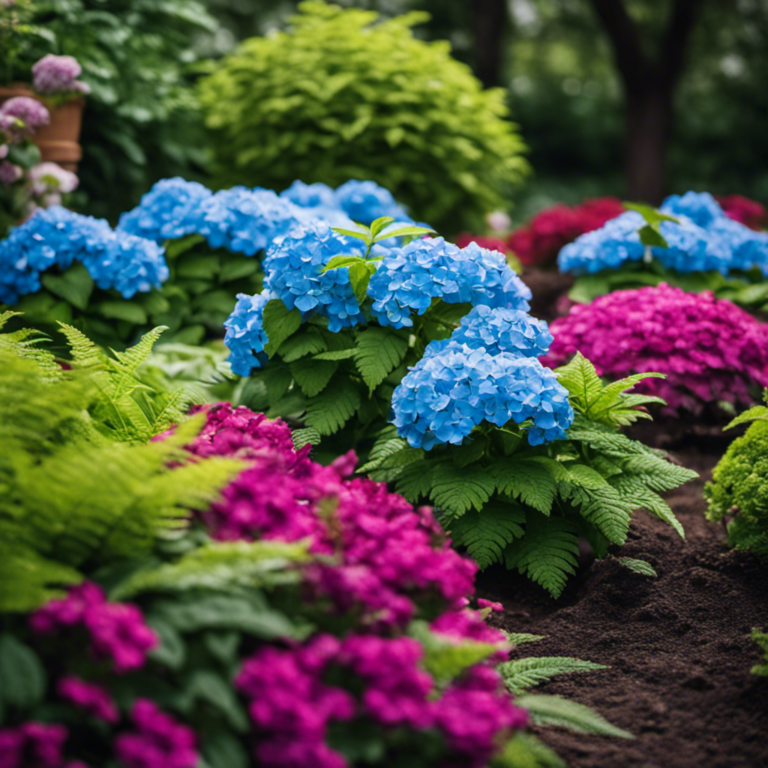 An image showcasing a vibrant garden bed filled with an assortment of acid-loving plants, such as stunning blue hydrangeas, delicate azaleas, and lush ferns, thriving amidst a backdrop of rich, acidic soil