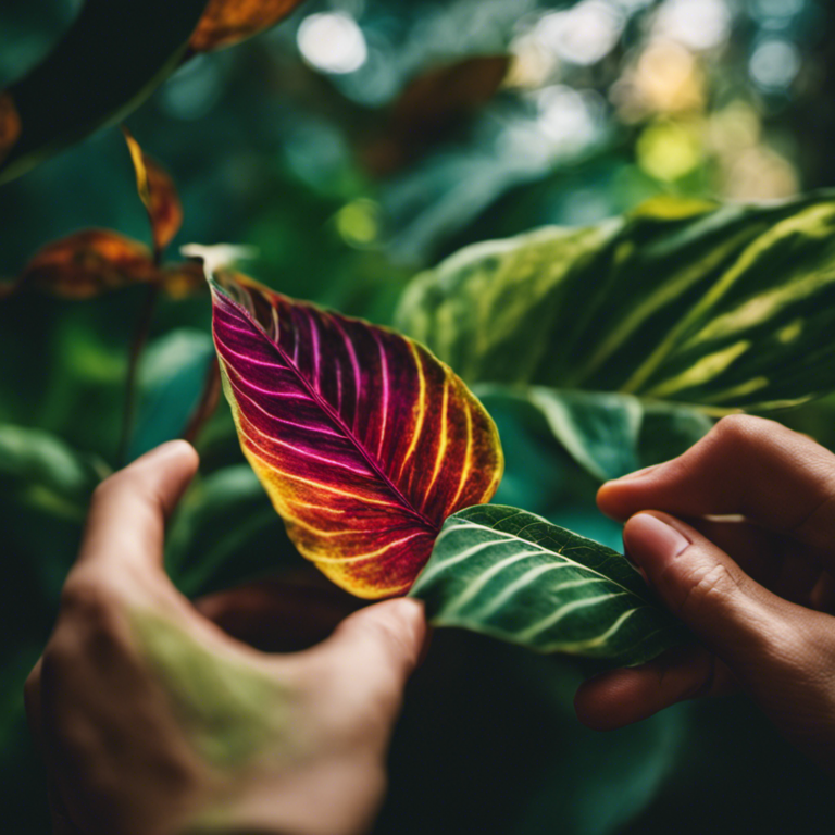 An image showcasing a pair of hands delicately prying open a vibrant leaf, revealing a mesmerizing tapestry of colors and patterns beneath, symbolizing the exploration of variegation in plants
