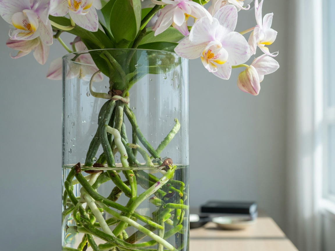 Orchid roots visible through a clear glass water culture container on a bright indoor windowsill