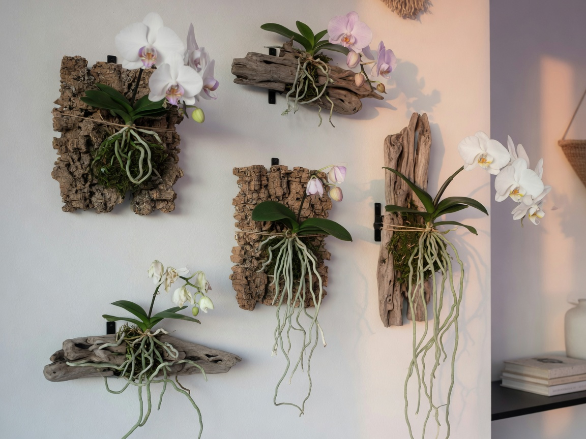 Indoor wall display of multiple bare-rooted orchids mounted on driftwood and cork bark in a modern home