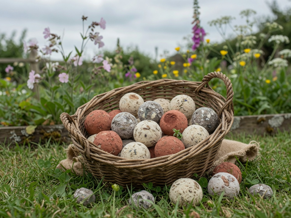 Finished DIY seed bombs in a small rustic wicker basket at the edge of a wildflower garden