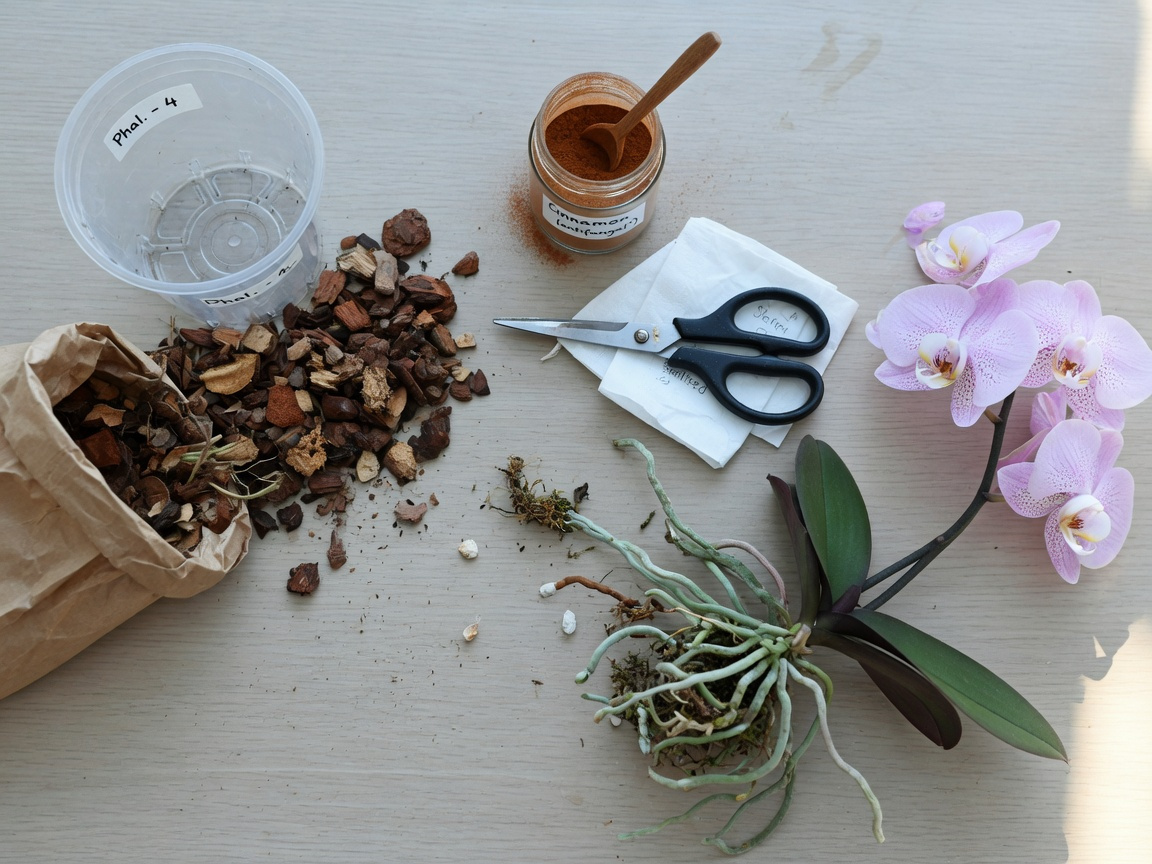 Orchid repotting scene with fresh bark chips, sterilised scissors, cinnamon powder, and a clear nursery pot