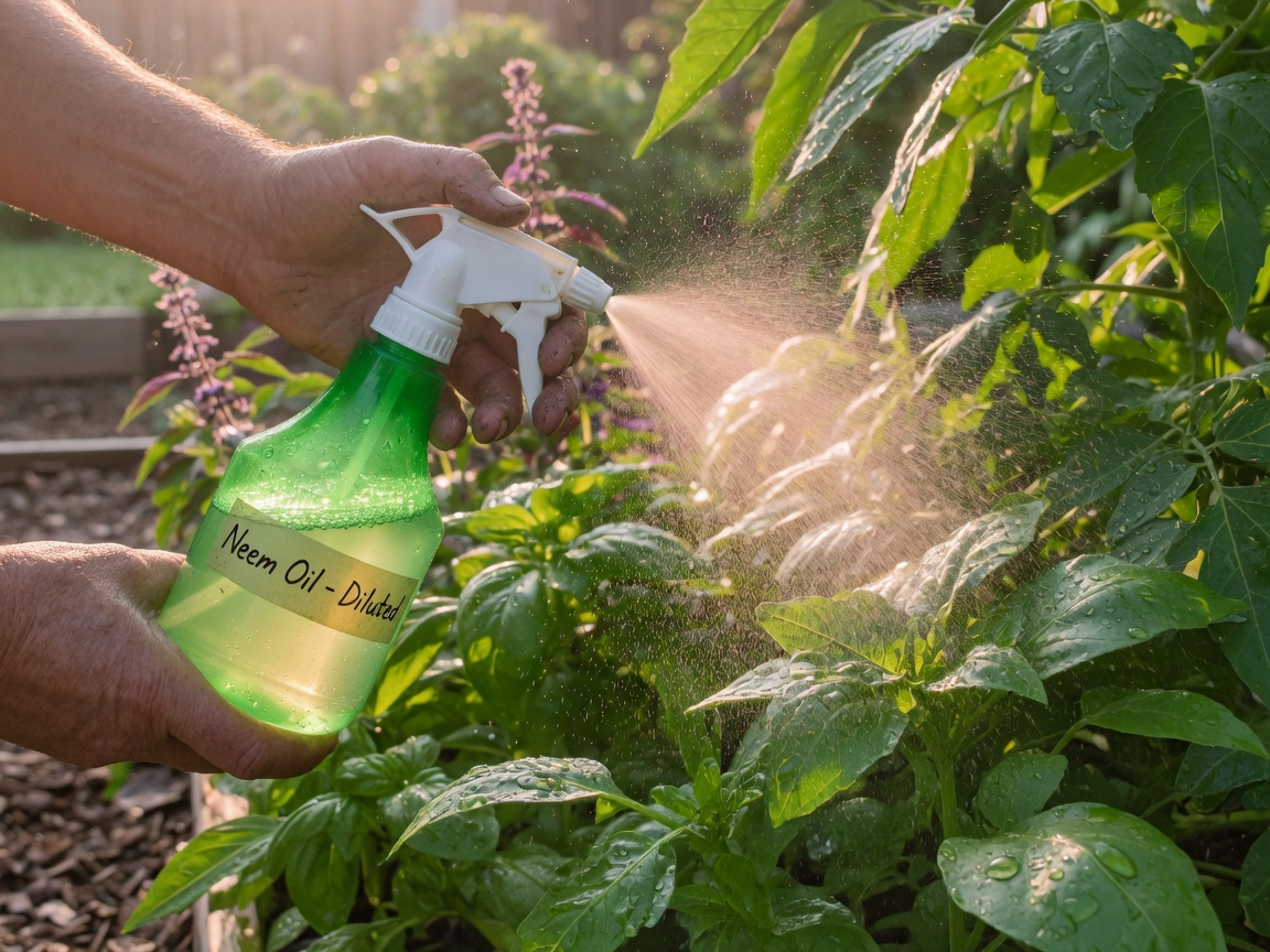 Gardener spraying neem oil solution onto garden plant leaves to deter Japanese beetles organically