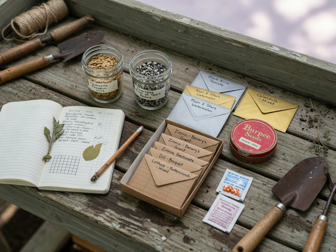 Variety of seed storage containers including glass jars, foil envelopes, coin envelopes, and silica gel on a garden workbench