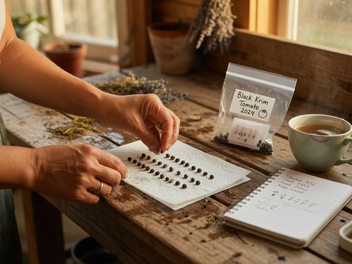 Gardener performing a seed germination test with damp paper towels and labeled seeds on a wooden garden workbench in 2026