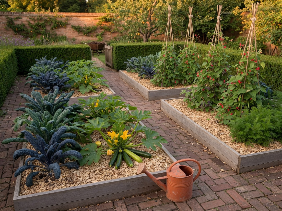 Well-tended weed-free English kitchen garden beds in late summer, showing the results of consistent deep tilling and organic mulching