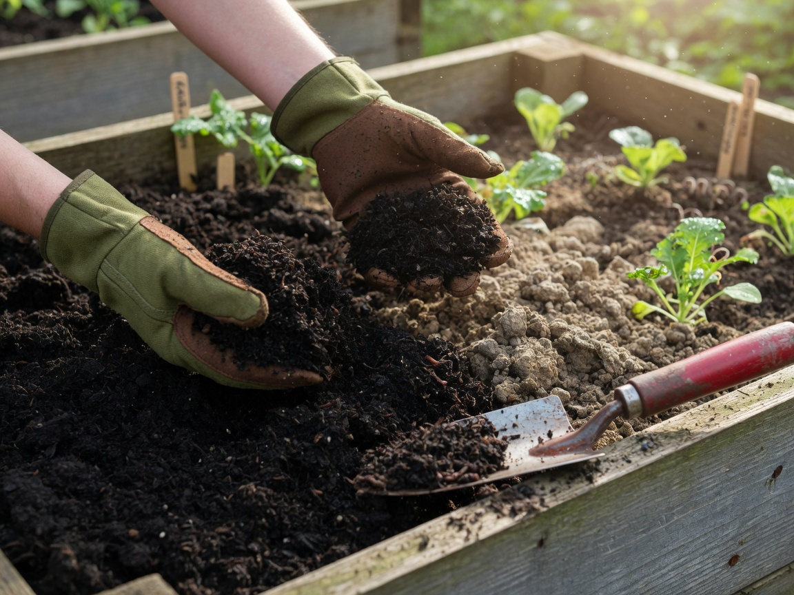 Gardener adding dark rich compost to a raised vegetable bed to improve water-repellent soil