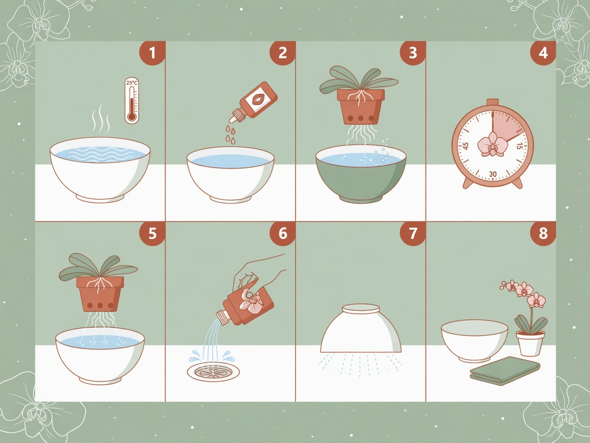 Eight-step orchid soaking process infographic — from filling the container to discarding used soak water