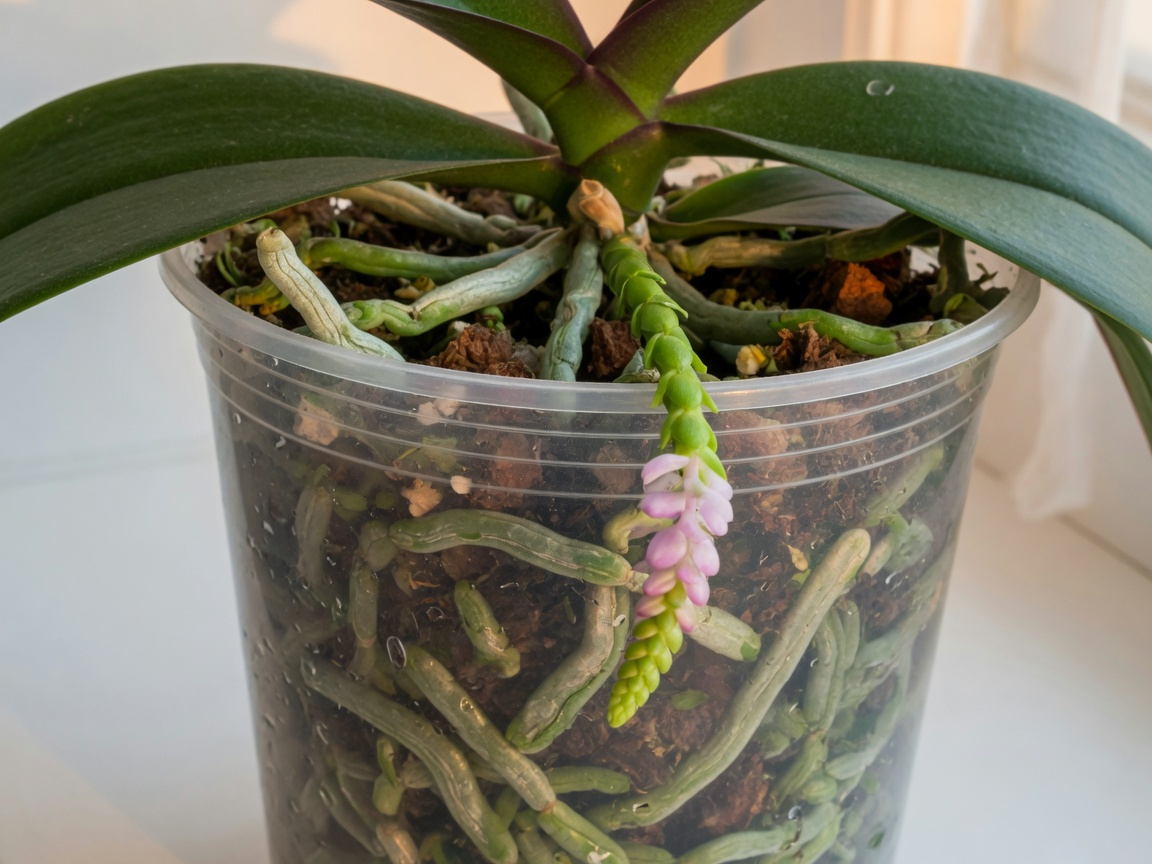 Thriving Phalaenopsis orchid with plump green roots and a fresh bloom spike emerging after consistent soaking