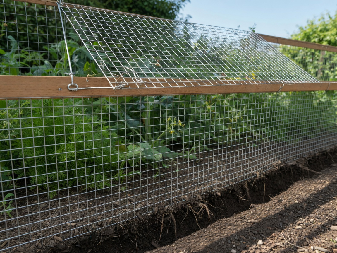 A snake-proof garden fence made from fine hardware cloth mesh with an angled lip at the top, buried at the base