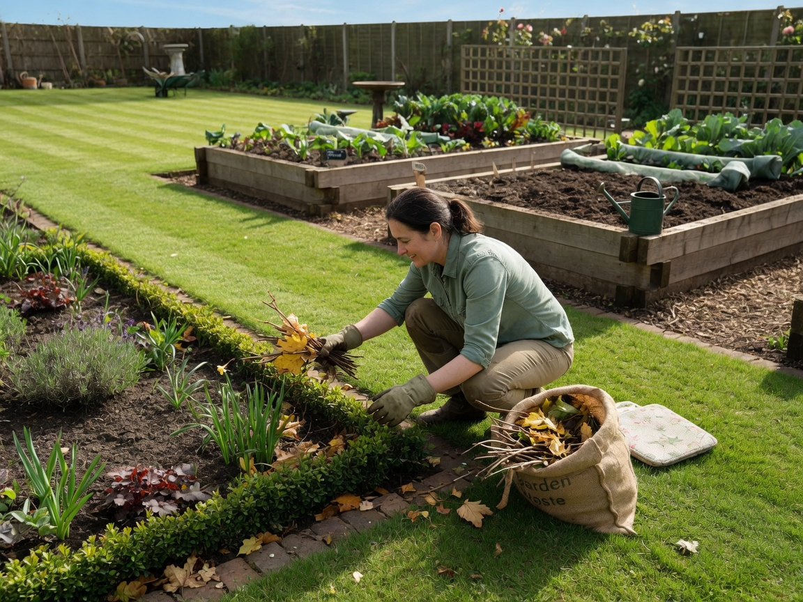 A gardener mowing a neat lawn and clearing leaf debris as part of a regular snake-prevention maintenance routine