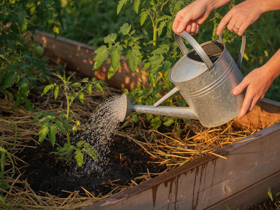 Gardener watering summer vegetable plants at stem base in early morning golden light