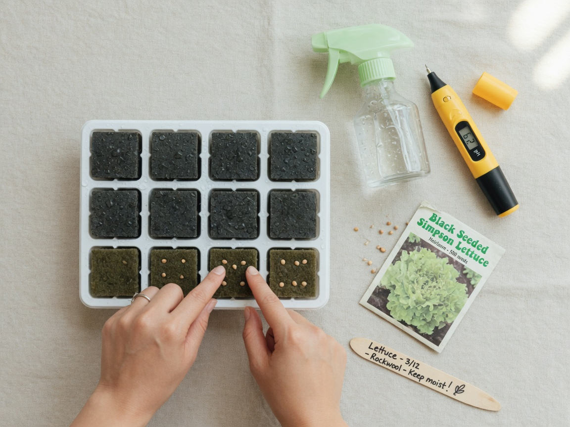 Hands planting hydroponic seeds into moistened rockwool cubes in a seed tray step by step