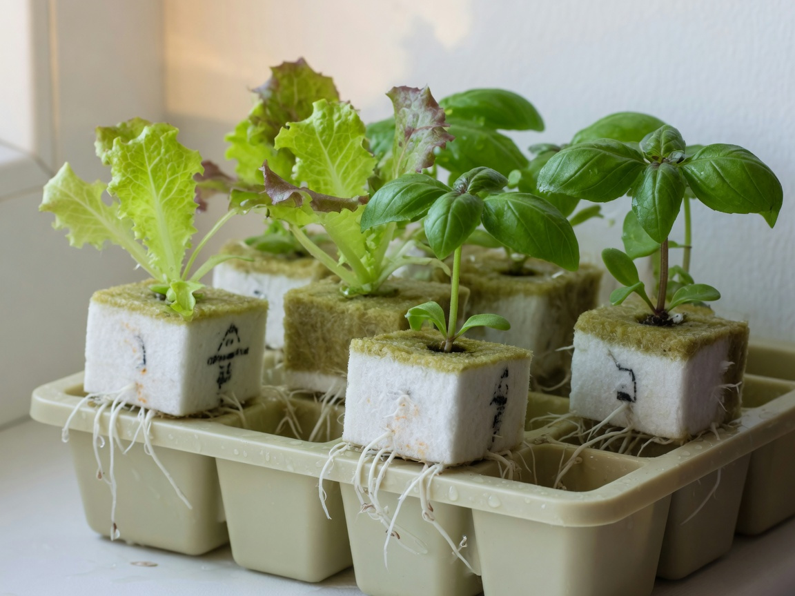 Healthy hydroponic seedlings with visible white roots emerging from rockwool cubes ready for transplanting